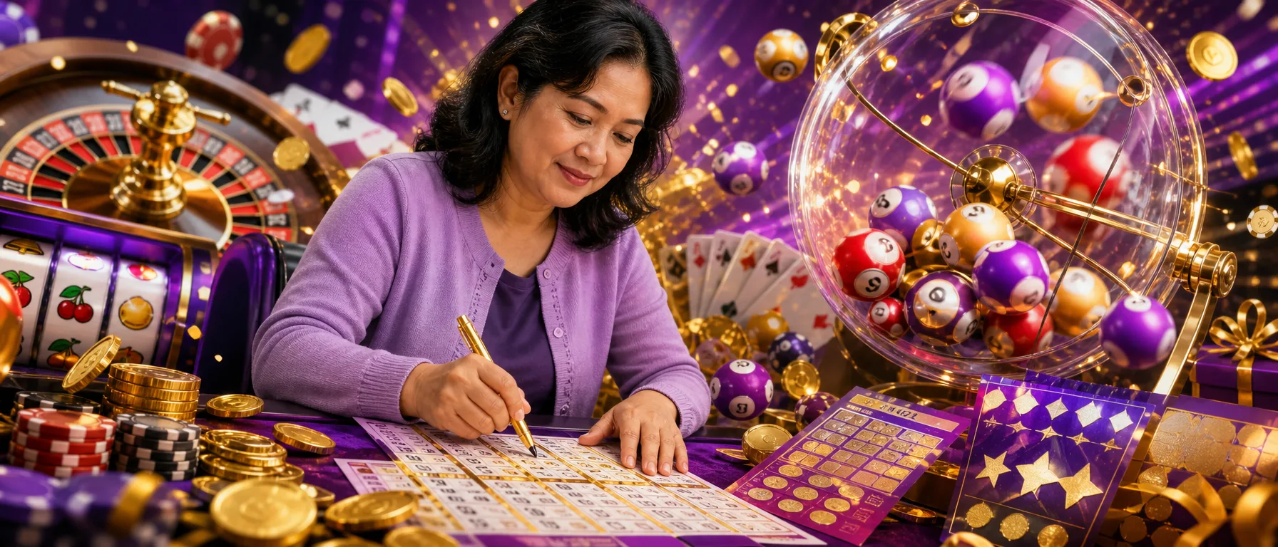 Every kind of casino game, all under one roof at SCRPlay. From spinning reels to live dealer tables, SCRPla… – lottery bingo violet illustration